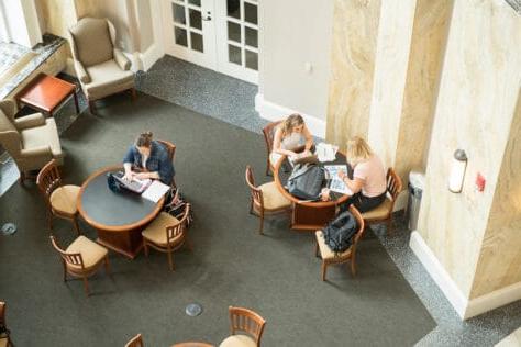 Students study in the atrium of Swanson Science Center during the Creosote Affects photo shoot May 2, 2019 at Washington & Jefferson College.